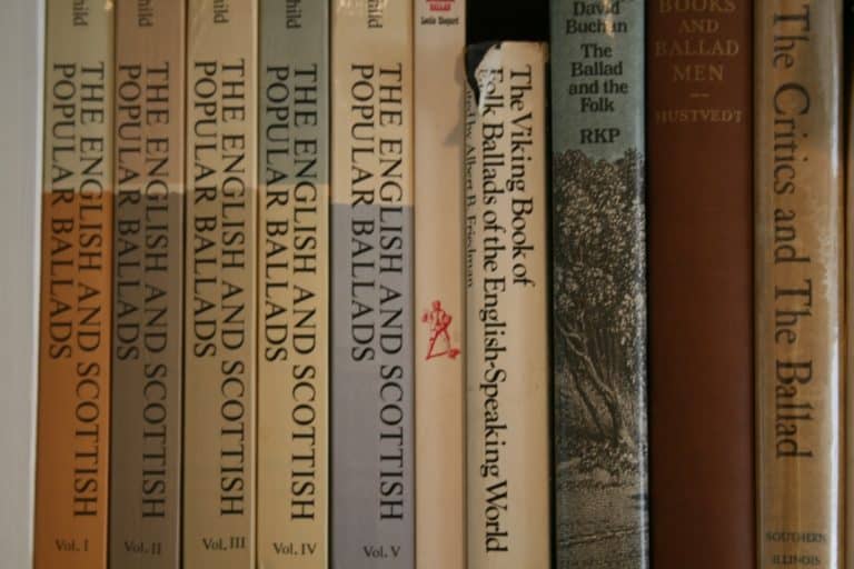 Spines of books about ballads, including Child's English and Scottish Popular Ballands