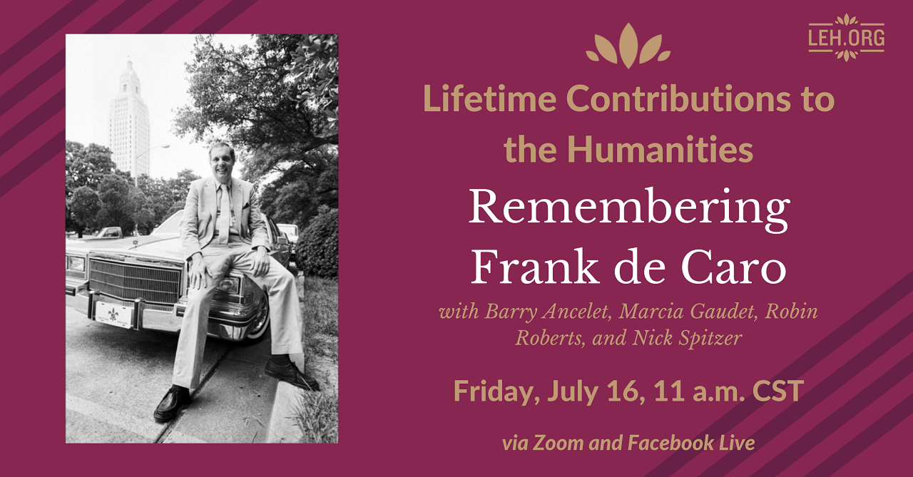Folklorist Frank de Caro sits casually on the hood of a car, smiling at the camera.