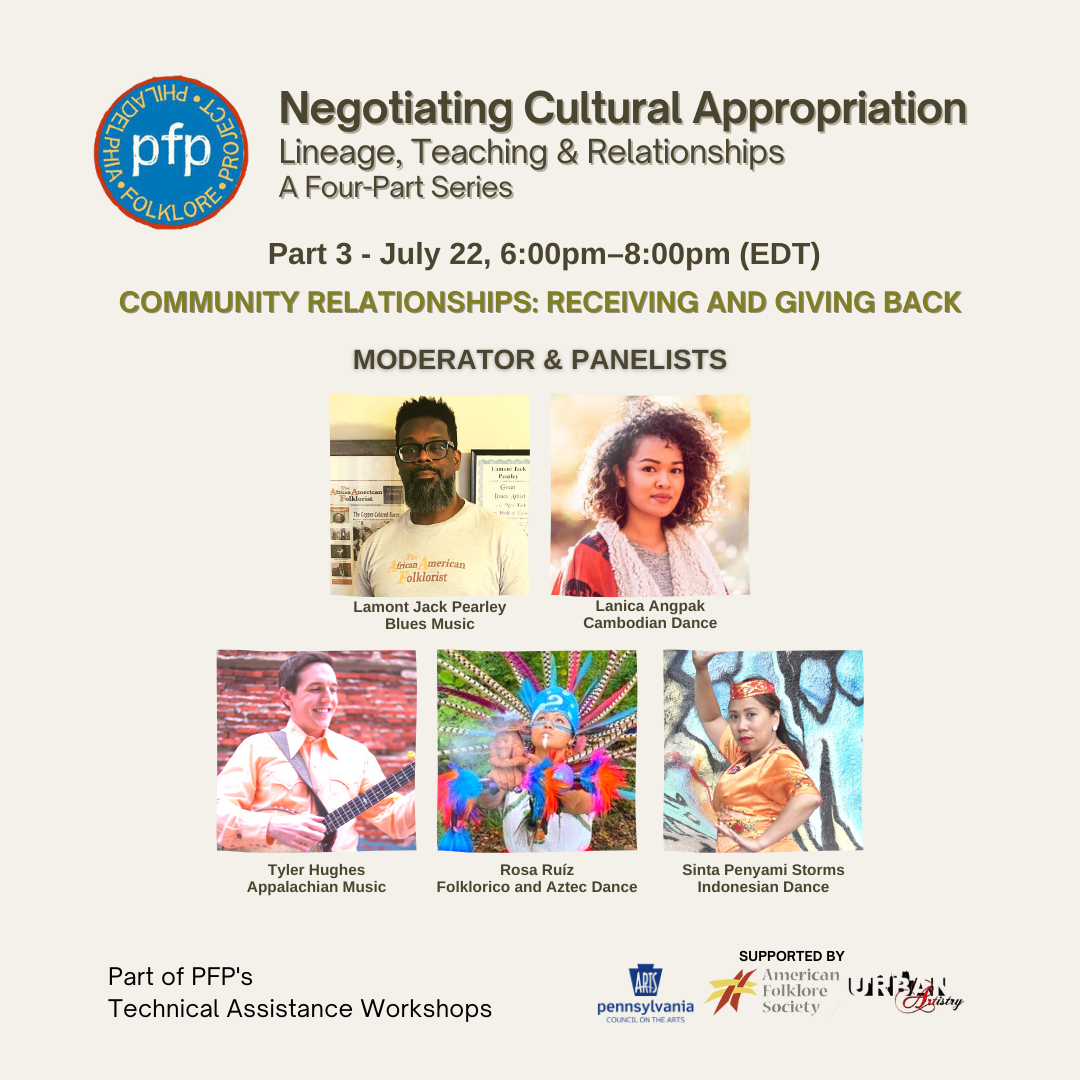 Flyer for the Philadelphia Folklore Project's July 22nd webinar, featuring the headshots of the five presenters.