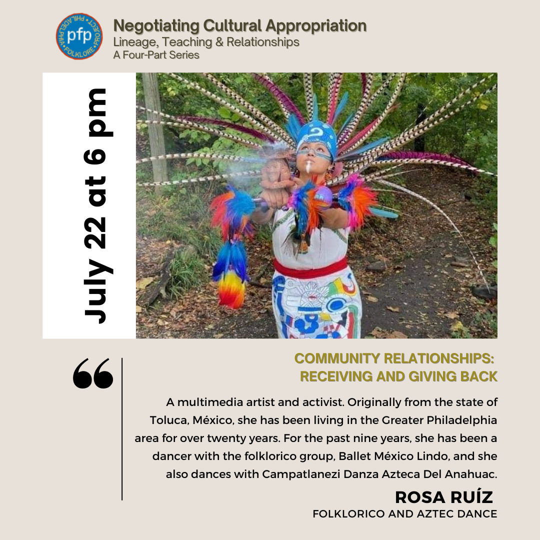 Philadelphia Folklore Project flyer featuring presenter Rosa Ruíz.
