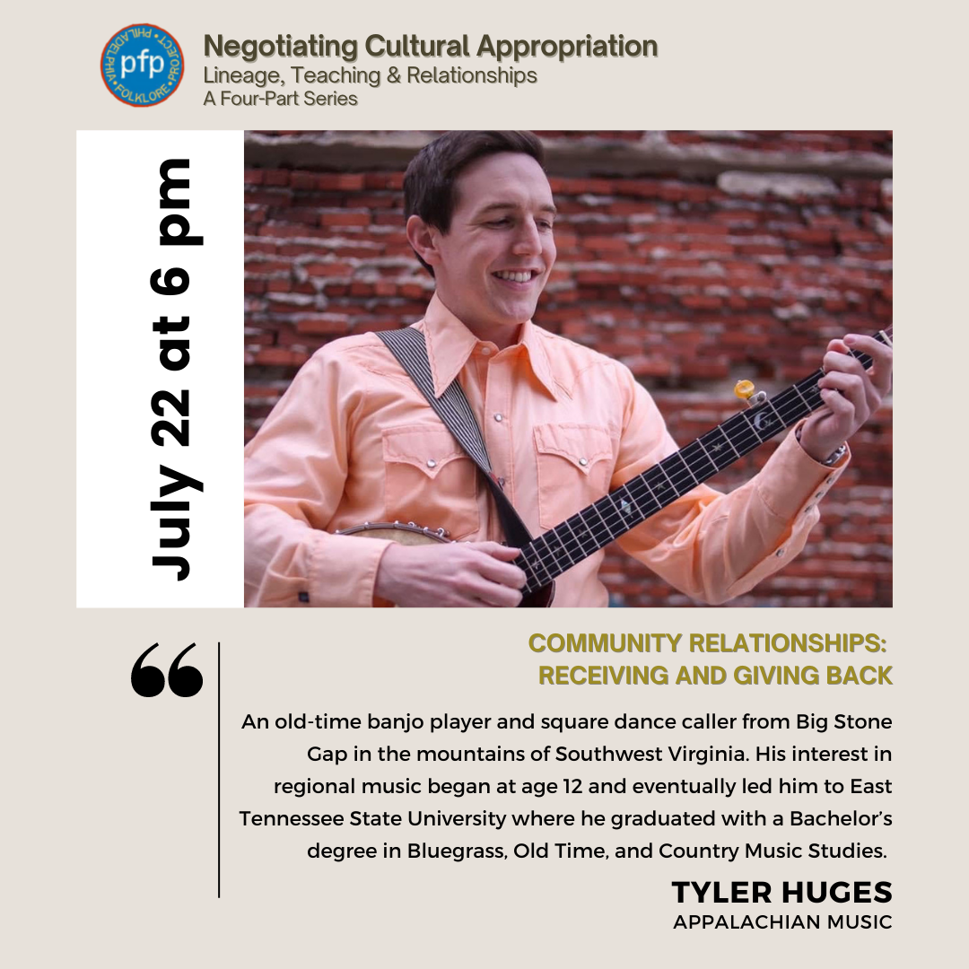 Philadelphia Folklore Project flyer featuring presenter Tyler Hughes.