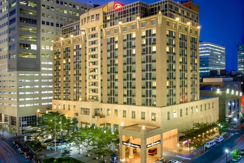 The Hilton Hotel in downtown Harrisburg, PA at night.