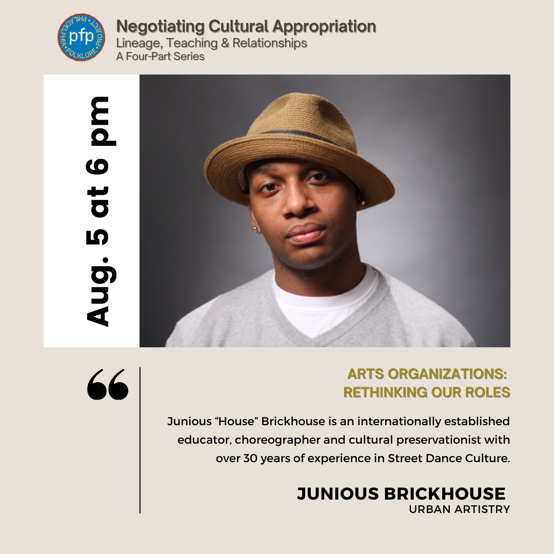 Philadelphia Folklore Project flyer featuring presenter Junious Brickhouse.
