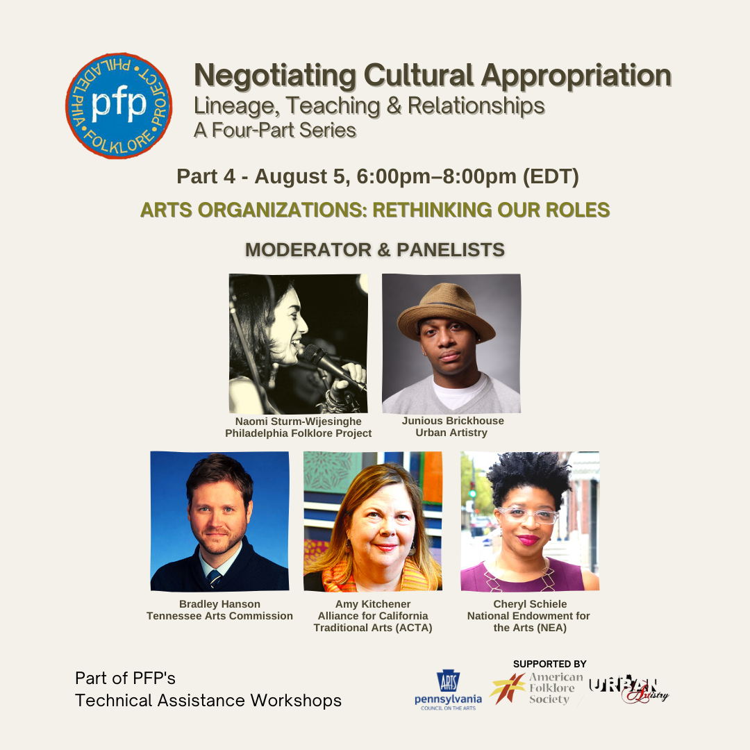 Flyer for the Philadelphia Folklore Project's August 5th webinar, featuring the headshots of the five presenters.