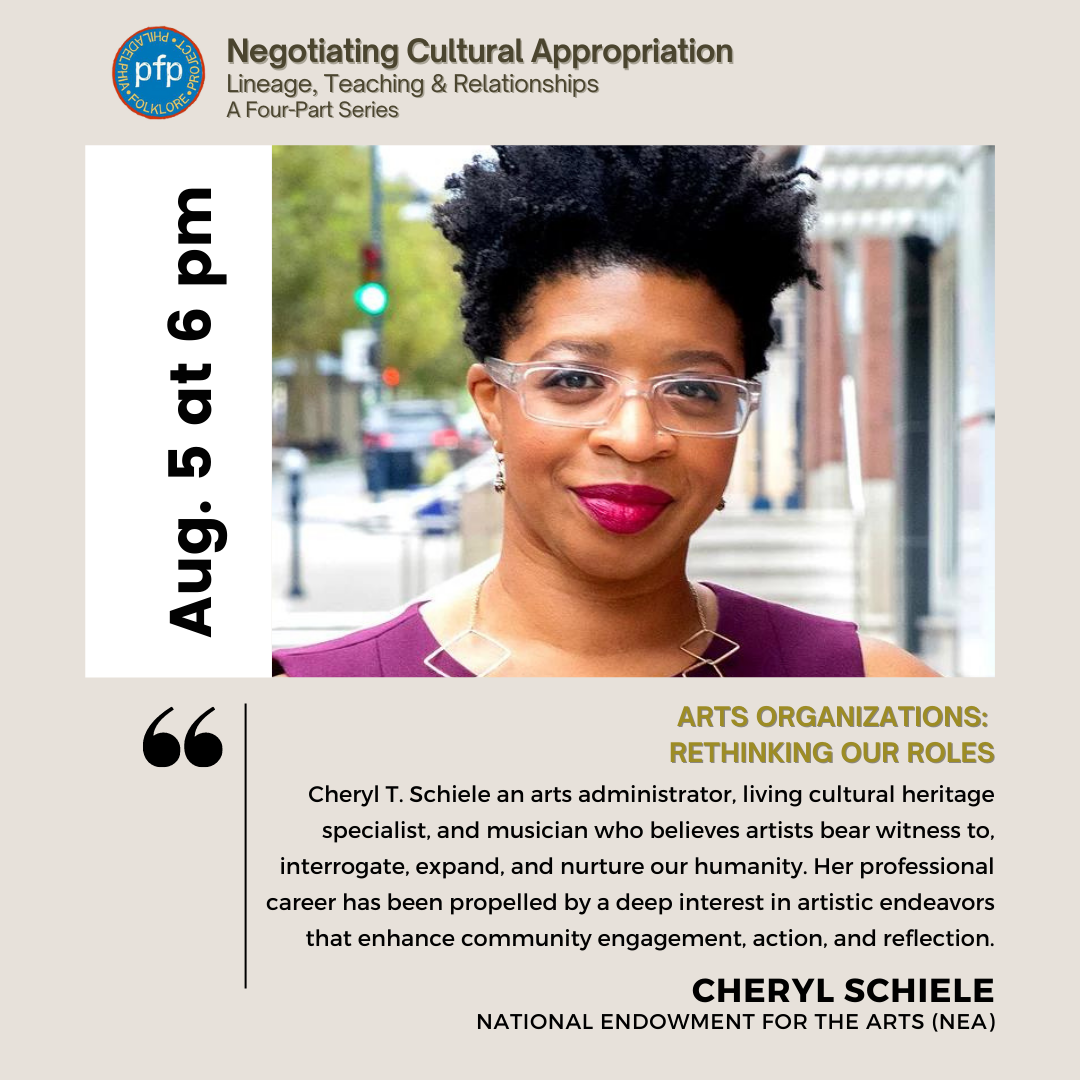 Philadelphia Folklore Project flyer featuring presenter Cheryl Schiele