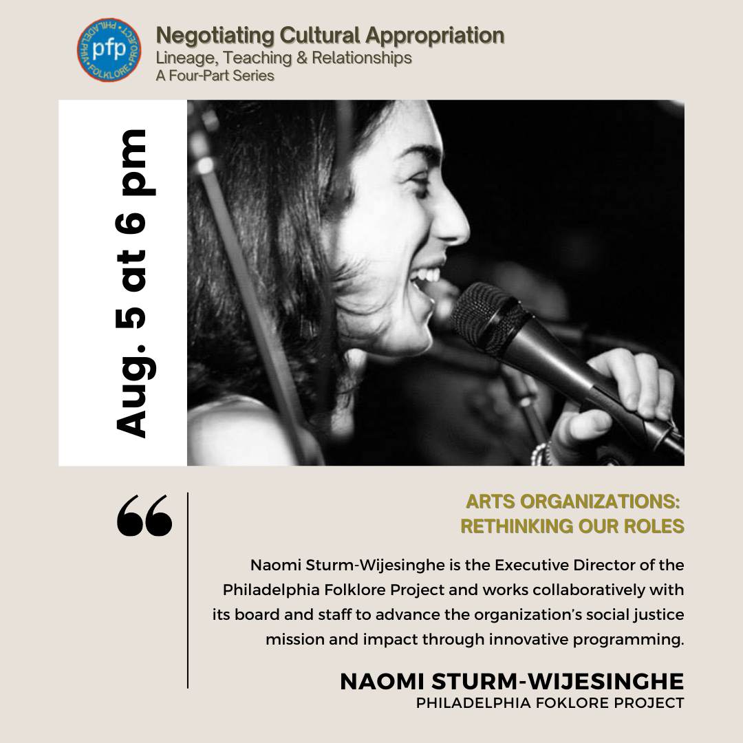 Philadelphia Folklore Project flyer featuring presenter Naomi Sturm-Wijesinghe.