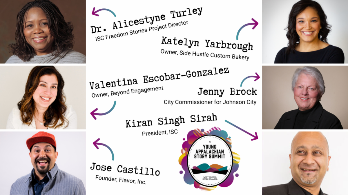 Flyer showing six people of varying genders and races who will be speaking at this event.