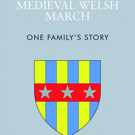 a coat of arms in blue and yellow stripes with blue-grey stars over a red stripe, all over a grey background