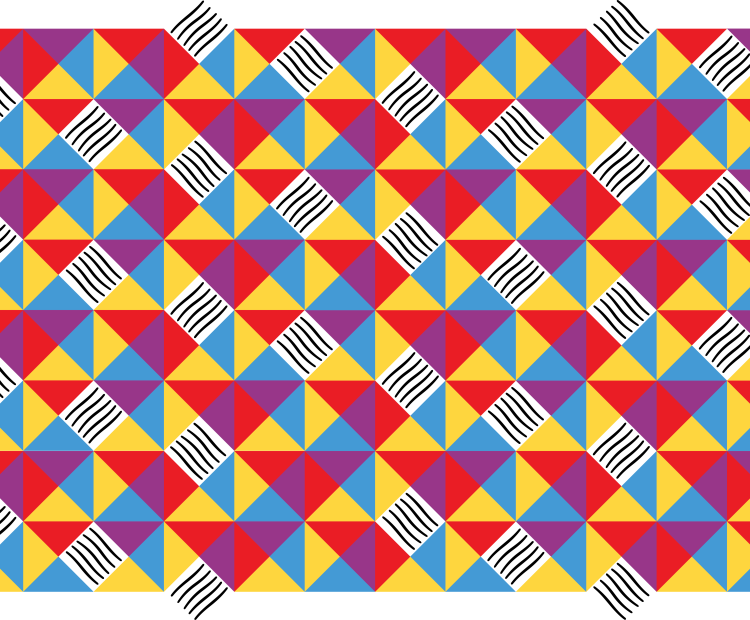 a pattern reminiscent of a quilt, with triangular shapes of yellow, red, purple, and bright blue, mixed with squares of black and white wavy lines