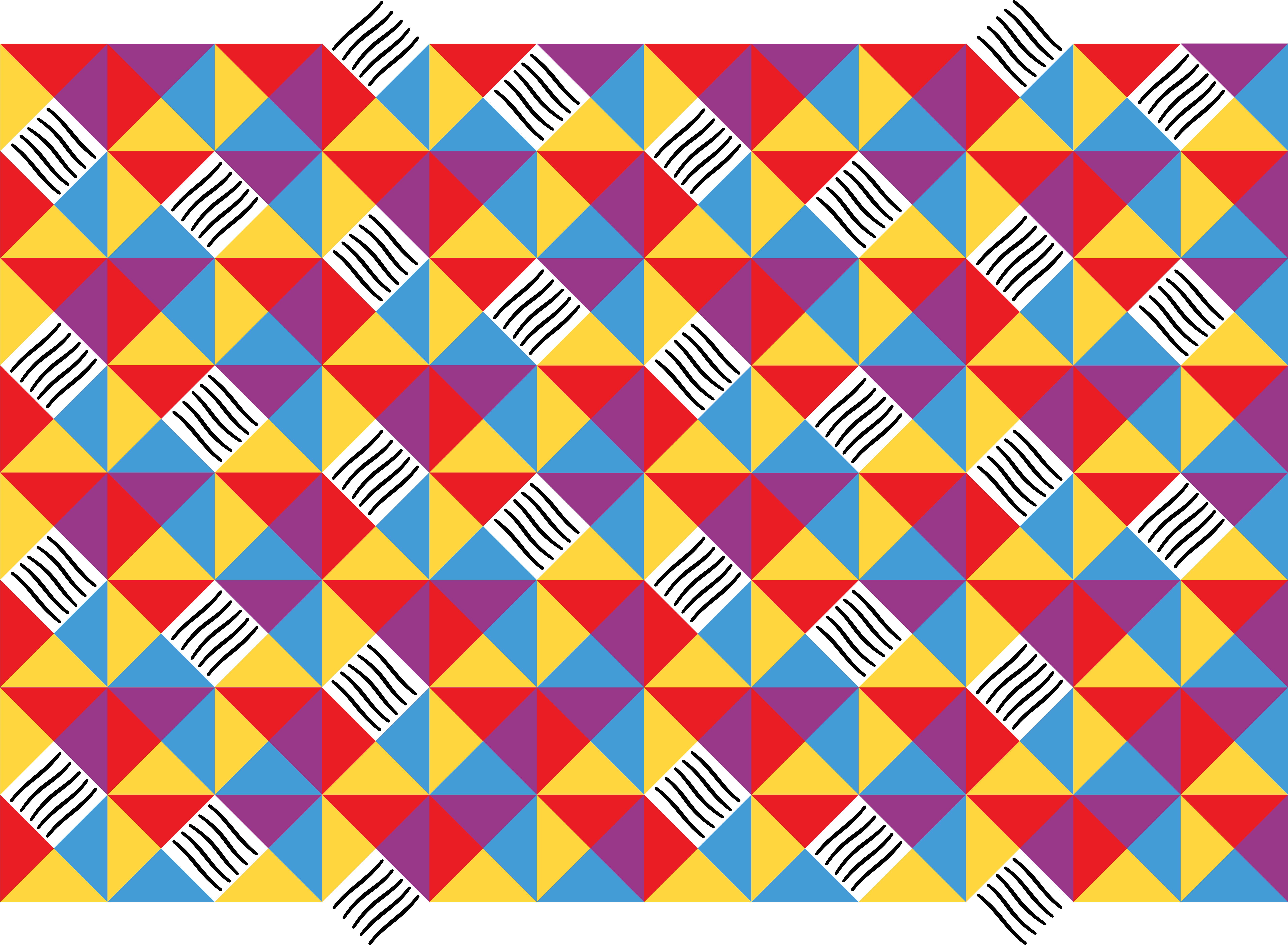 a pattern reminiscent of a quilt, with triangular shapes of yellow, red, purple, and bright blue, mixed with squares of black and white wavy lines