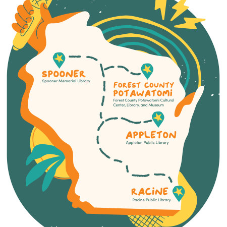 A stylized map of Wisconsin shows markers in Spooner, Forest County Potawatomi, Appleton, and Racine.