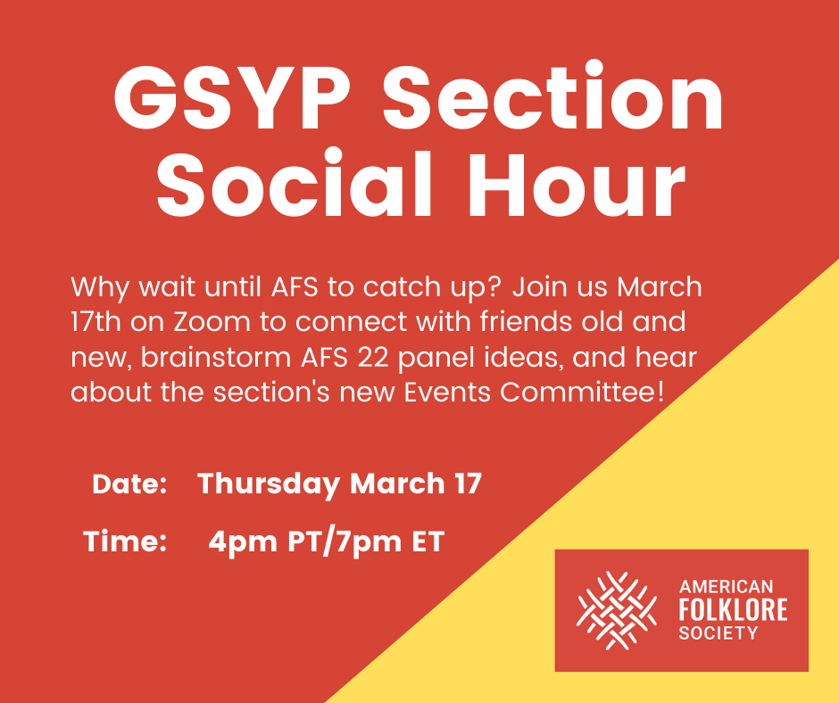 A square graphic with event information, red with a yellow corner and AFS crosshatch branding