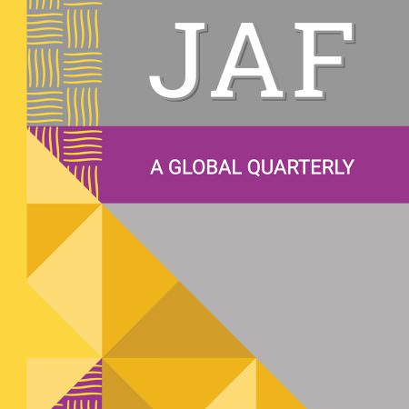 The cover artwork of JAF: A Global Quarterly, with a yellow and purple graphic pattern on a grey background