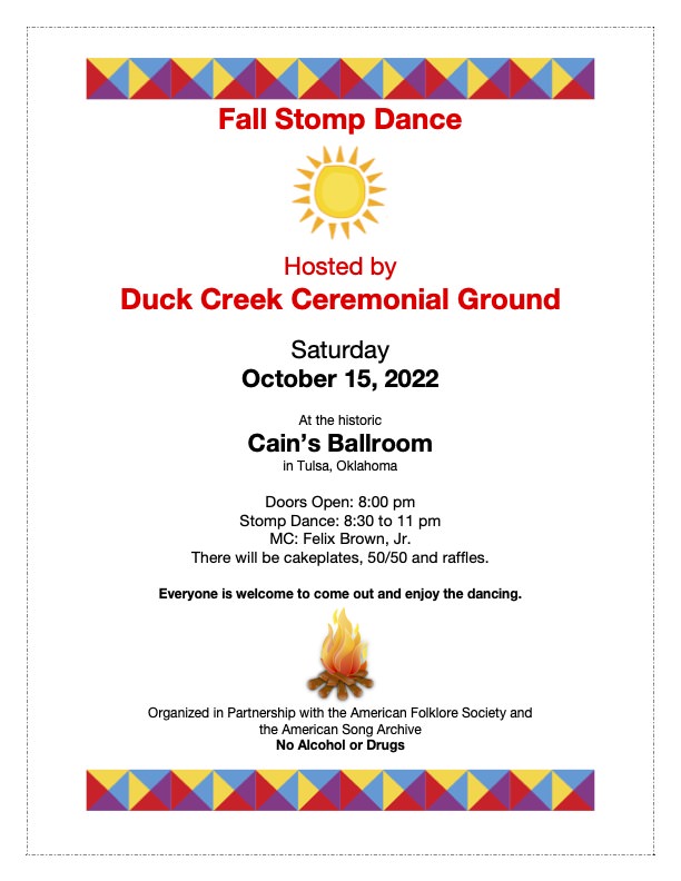 Duck Creek Ceremonial Ground Stomp Dance flier, which features event details, the multicolor AFS quilt-pattern logo along the top and bottom of the image, and graphics of the sun and a campfire.