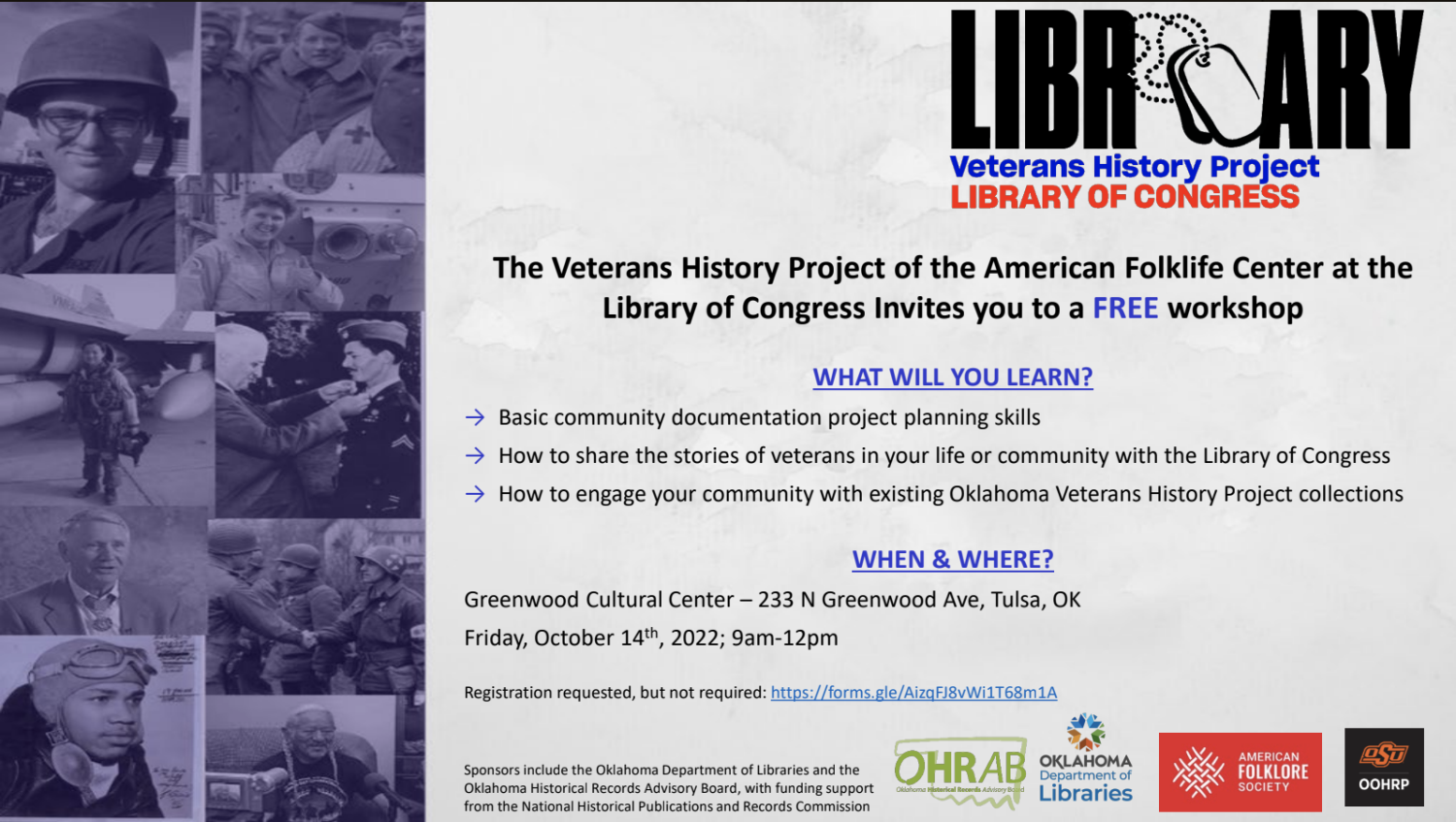 Veterans History Project flier, which includes information listed below as well as images of veterans on the left side of the image. 