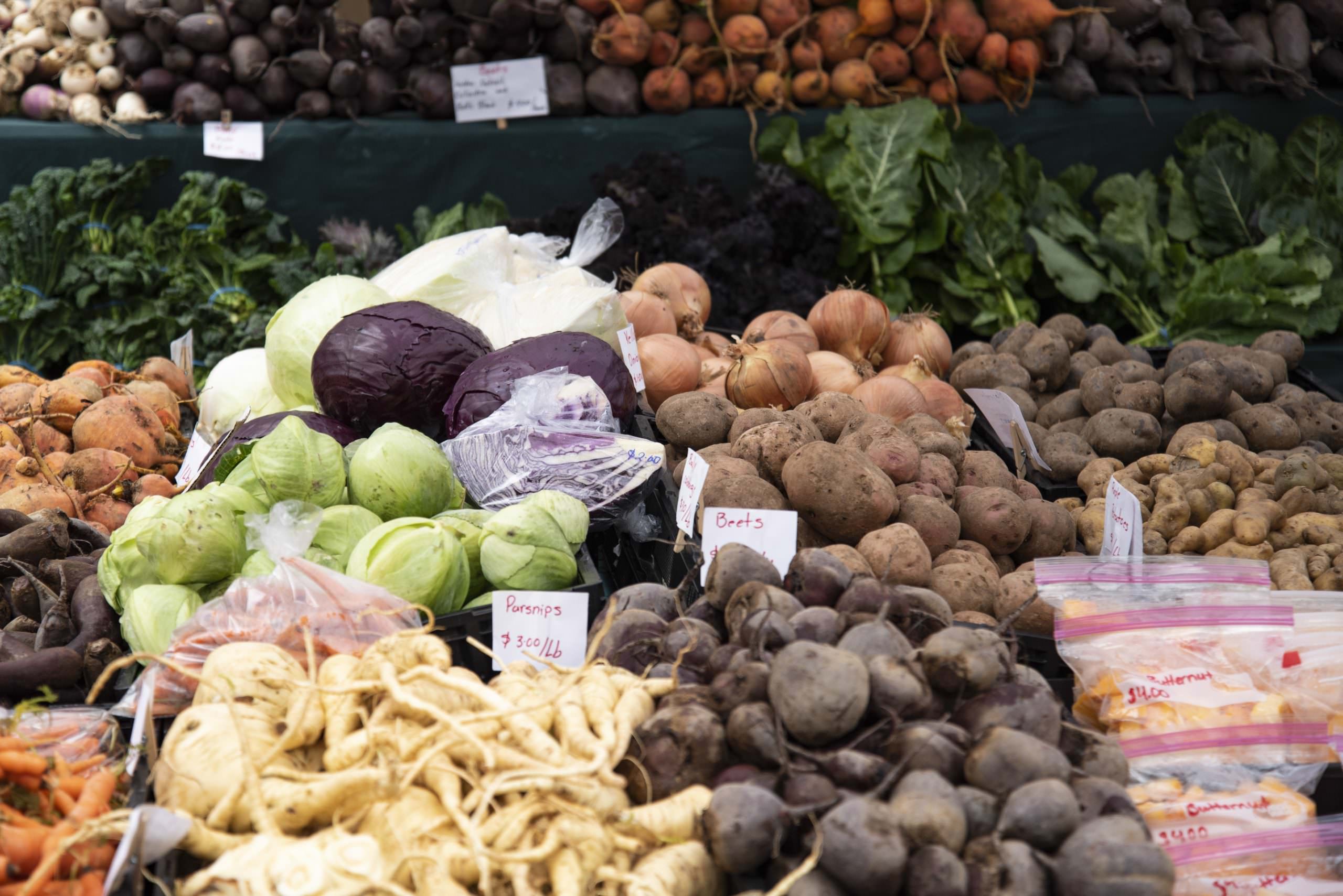 Fresh produce at the Portland Farmers Market at Portland State University (PSU). The Saturday market at PSU is open year-round, with over a hundred vendors participating.
