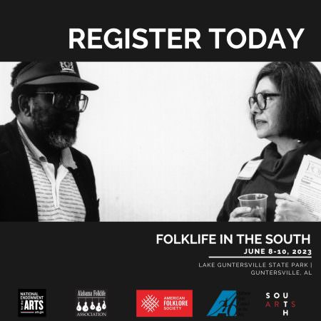 Black and white photograph with two people having a conversation and event details and sponsors listed against a black background.