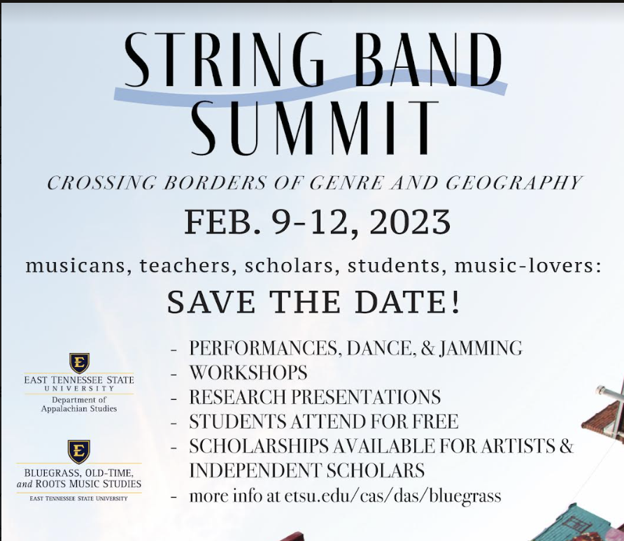 string band summit save the date with event information against a sky-colored background