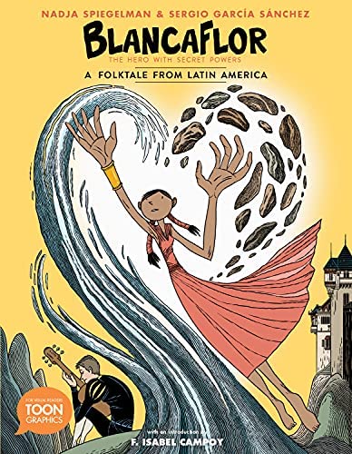 Front cover of the text, which is light yellow and shows a young person in a coral dress flying in the air with large hands. In the background is a castle and a young person with a guitar.