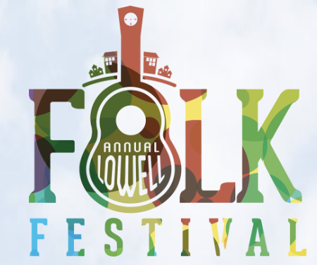 lowell folk festival logo, which has multiple colors in the letters of the event and the "o" in the shape of a guitar