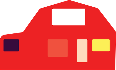 Logo of ma's house podcast. It is digital drawing of a simple red house with simplistic windows of blue, white, indigo and a simple white door.