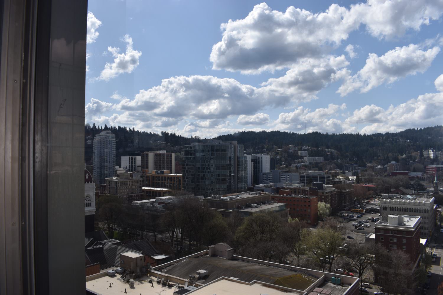 View of Portland from the top floor of the Portland Hilton Downtown hotel.