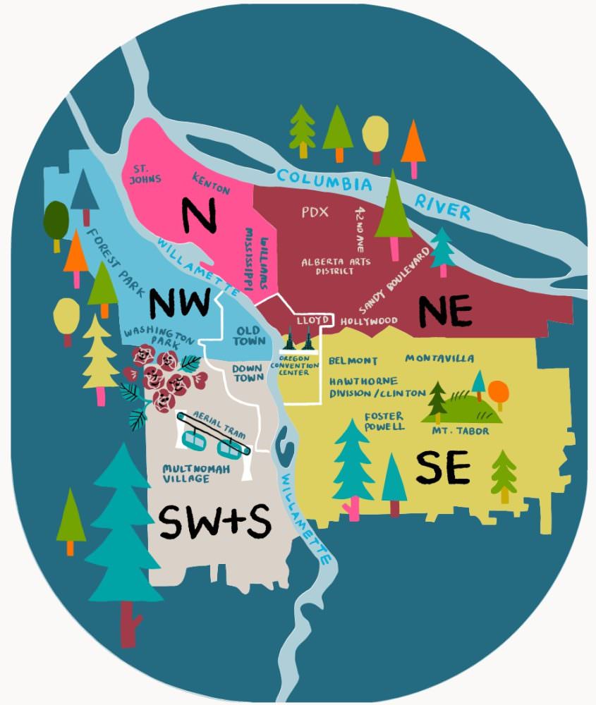 Graphic of several neighborhoods in Portland, Oregon with the Willamette River and Columbia Rivers running through them.