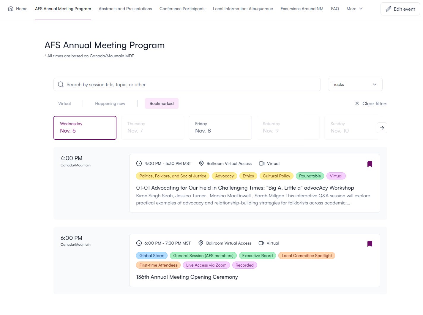 Screenshot of the 2024 AFS Annual Meeting Program with an example of bookmarked items showing up after using the bookmarked filter.