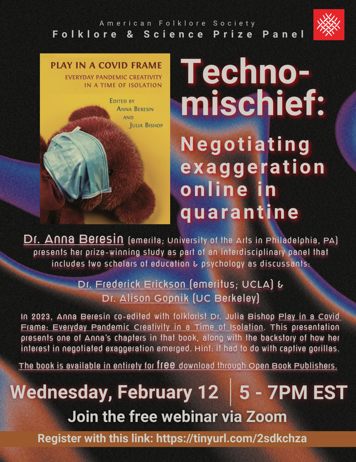 An abstract flowing purple, blue, and orange shapes on a black background. There is an image of the book cover for Play in a COVID Frame, which features a red teddy bear wearing a medical facemask. All text on the image is represented in the body of this email.