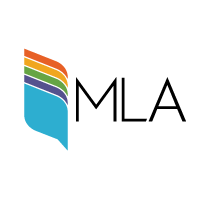 Logo of the Modern Language Association (MLA), showing a parallelogram with curvy edges and its interior divided into red, yellow, green, deep blue, and light blue layers, with the light blue layer being the largest; acronym of the organization sits to the right of the logo.