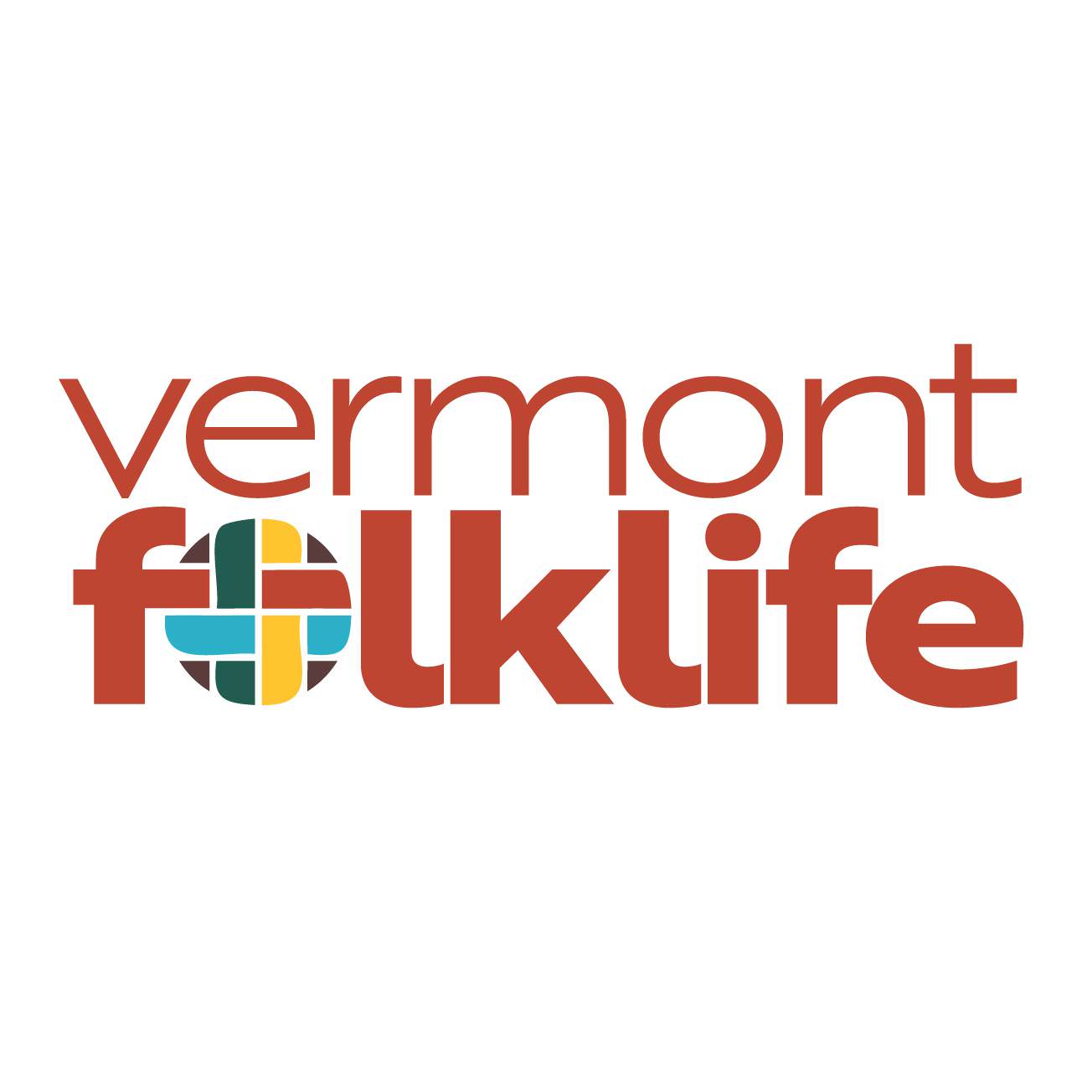 vermont folklife logo, which has the organization name written in dark orange with a weave text in the letter "o"
