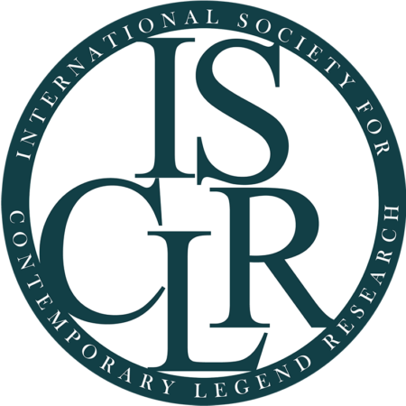 Logo of the International Society for Contemporary Legend Research, showing the abbreviation of the organization's name at the center of a double-ringed circle. The full name of the organzation is placed between the two rings of the circle.