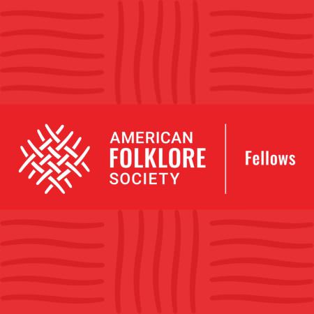 red banner image with the text "american folklore society fellows" under a square red background with weave design