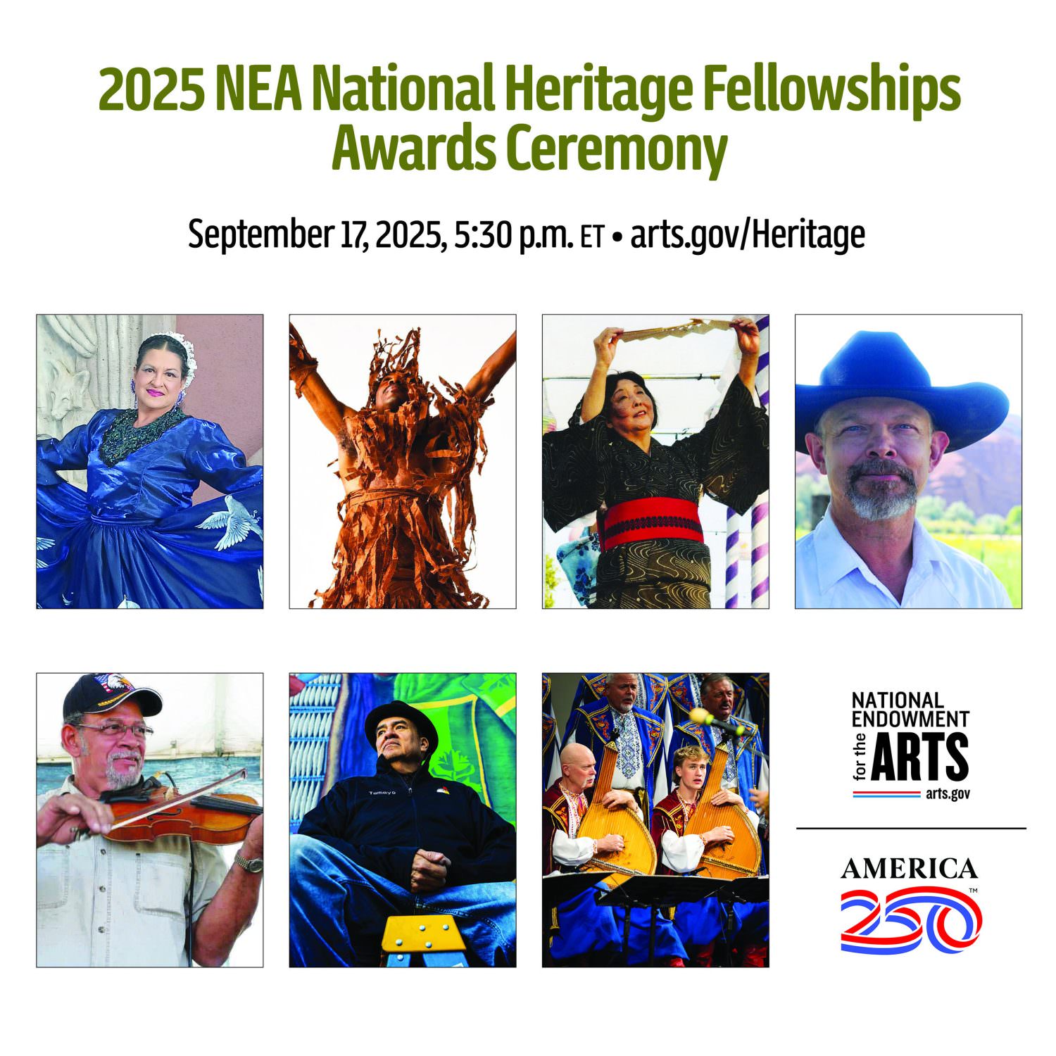 promotional image for the heritage fellowship award that features images of each of the awardees engaged in their work