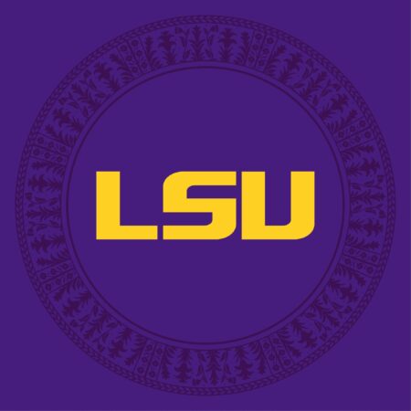 Logo of Louisiana State University, showing capital letters "LSU" in yellow within a purple circle consisting of floral motifs