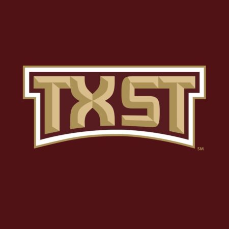 Logo of Texas State University, showing capital letters "TXST" against a deep red background