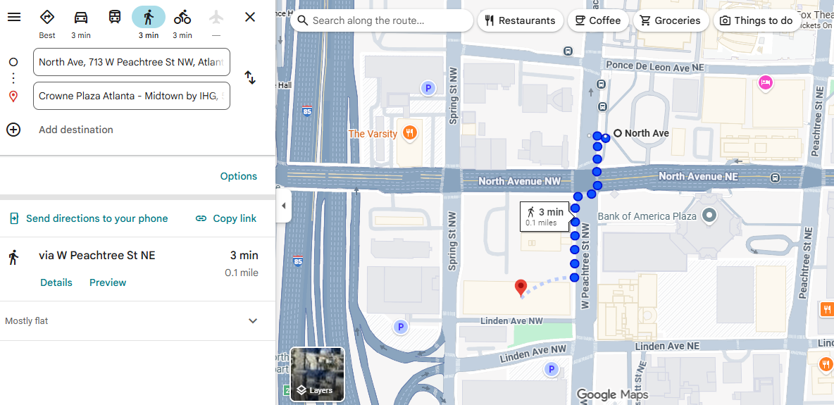 Google maps image showing the walking path from the MARTA station dropoff to the Crowne Plaza Atlanta Midtown hotel