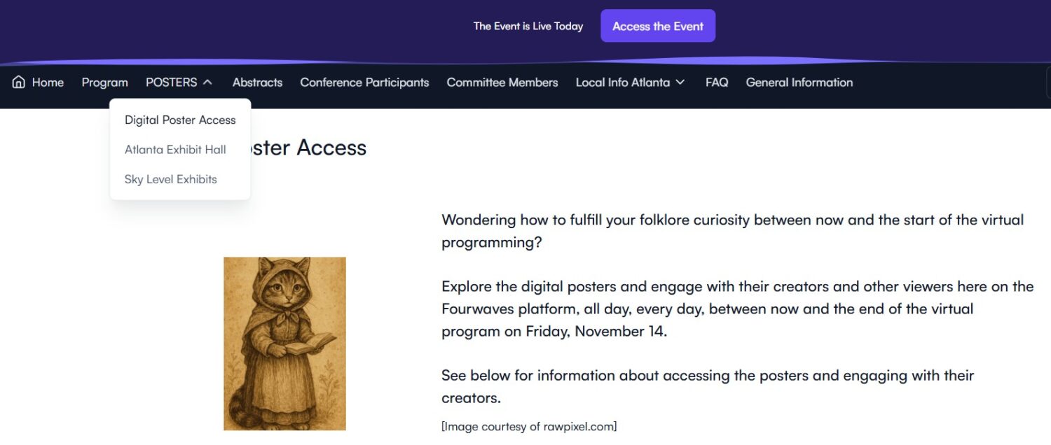 screenshot of the annual meeting platform with the tab for digital poster access open to show how to access them