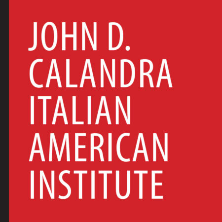 logo of the john d. calandra italian american institute, showing the institution's name in white against a red background