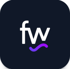 fourwaves conference app logo, which has a black background with the letters "fw" in white and a purple squiggle mark underneath the letters in purple